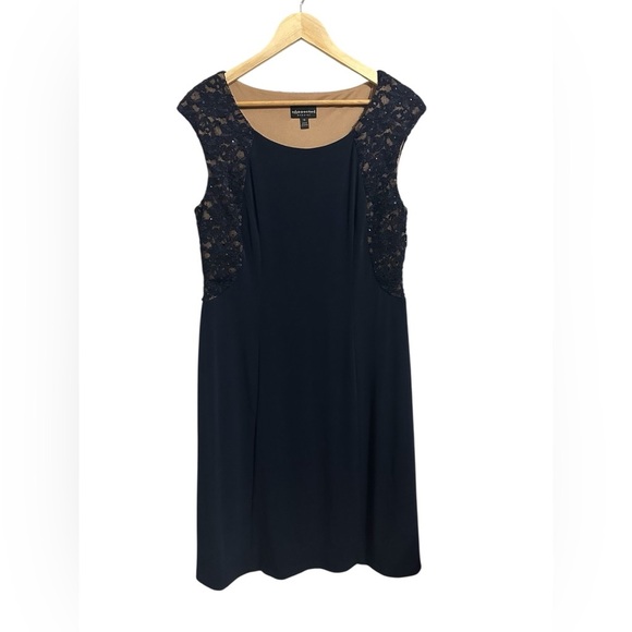 Connected Apparel Navy Blue Fit and Flare Lace Midi Dress Wedding Cocktail SZ 16 - Picture 1 of 9